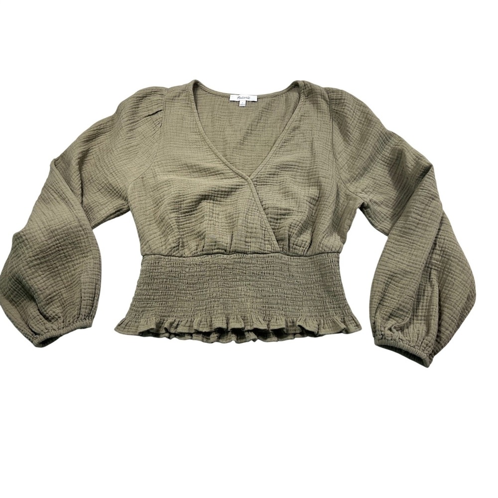 Madewell Olive Green Double Gauze‎ Wrap Peplum Top 100% Cotton Size Small